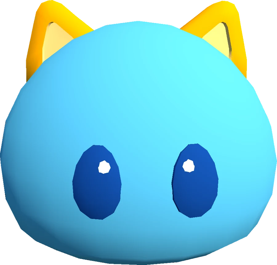 Moncho, a round blue creature with orange cat ears
