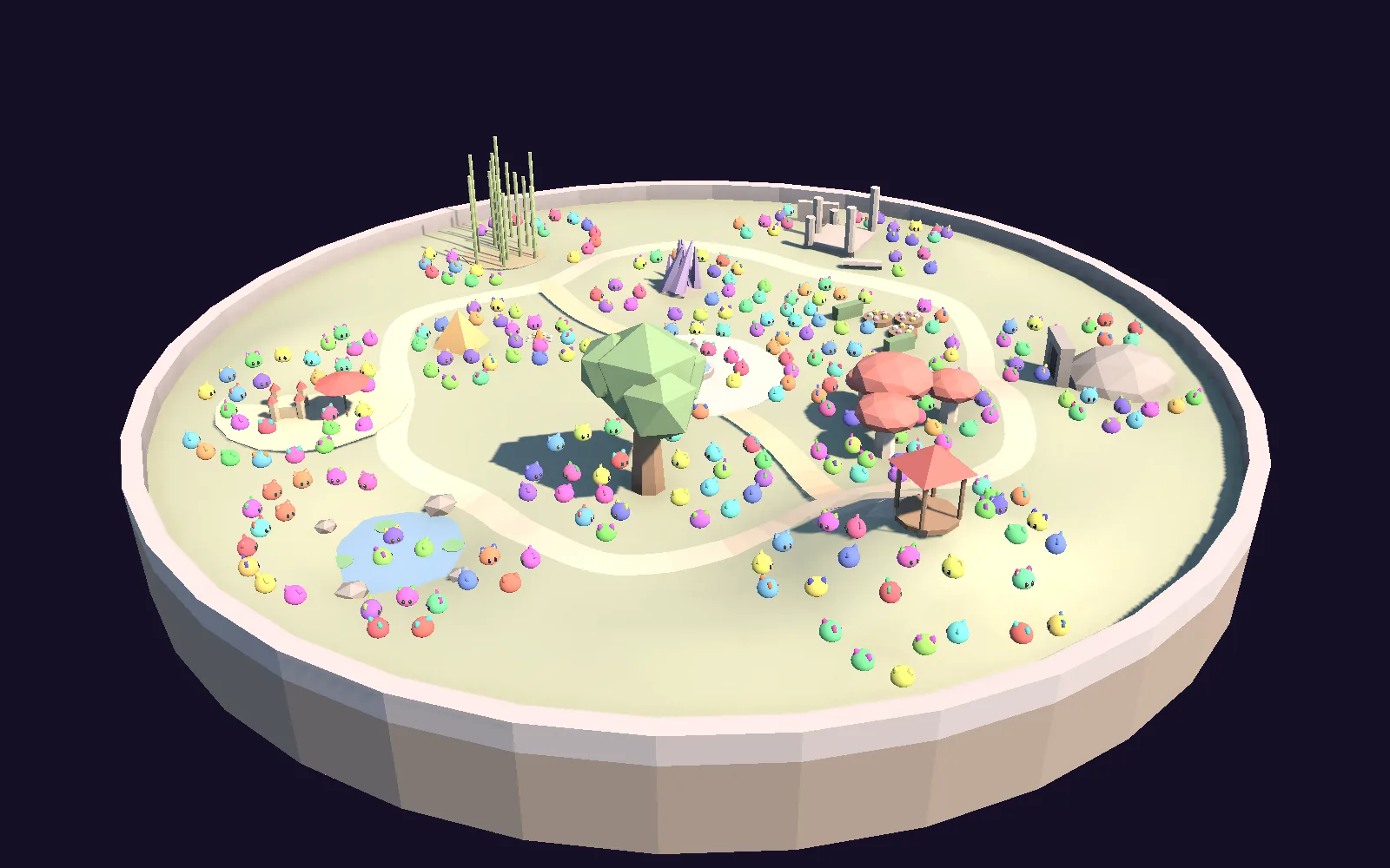 A round terrarium full of colorful monchos, seen from above